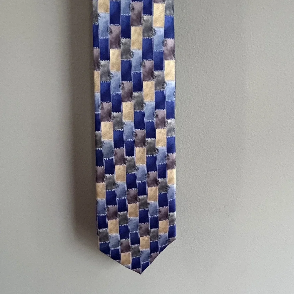 Cocktail Colors Mens Silk Tie Blue Gold Grey Geometric Patchwork Hand Made 61.5